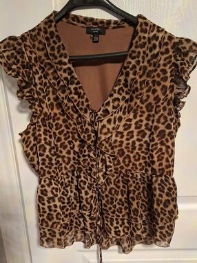 Haver Leopard Print Ruffle V-Neck Blouse Tie Front Blouse